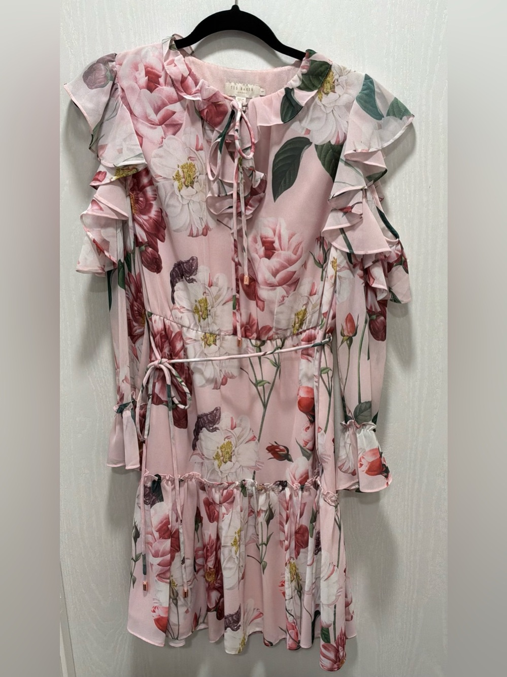 Authentic Ted Baker London Pink Floral Ruffle Tie-Waist Dress